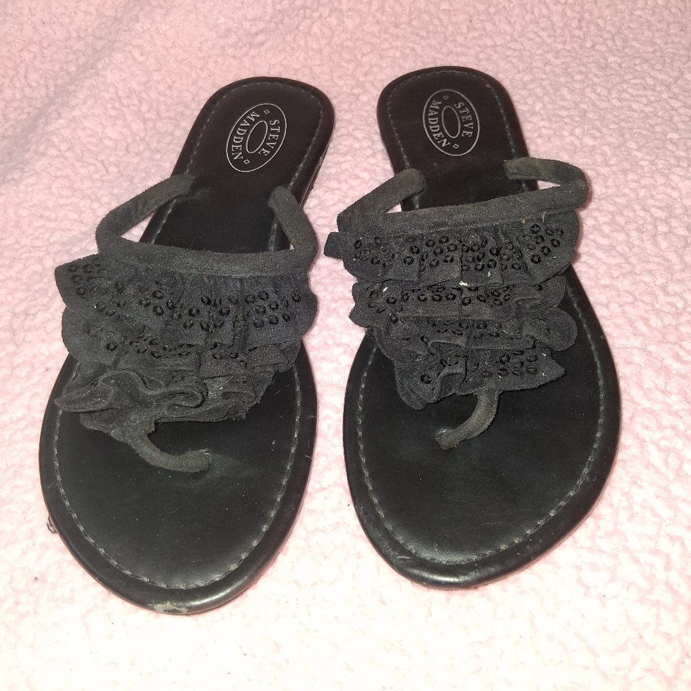 Steve Madden Black Ruffle Sequin Sandals Y2K M (7-8)